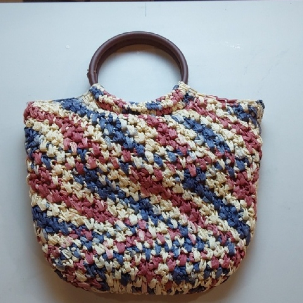 Woven Straw Tote Bag with Red, Blue & Cream Stripes Beach Vacation Trendy M/L